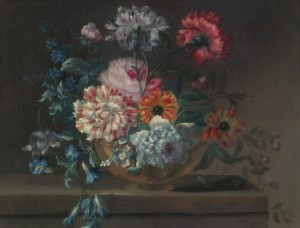 Still life of variegated carnations and other flowers on a ledge